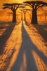 Poster - Golden sunrise illuminates dirt road, majestic baobab trees.