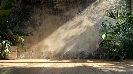 Sticker - Sunlit Tropical Plants Against a Weathered Wall