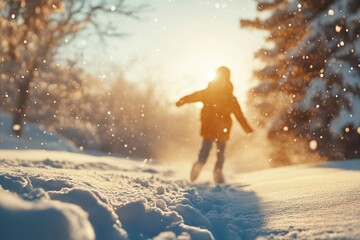 Child joyfully plays in a snowy field under bright winter sunlight