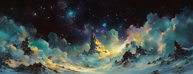 Poster - Fantasy cloudscape, starry night, mountains