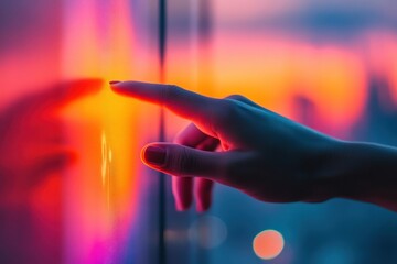 Fototapete - Dynamic interaction with a digital interface showcasing glowing data points and futuristic technology in a dark setting
