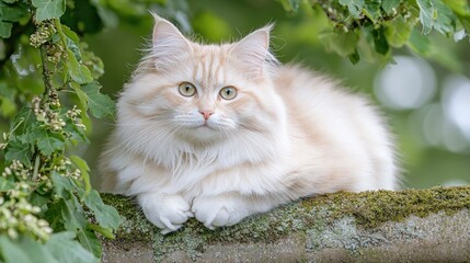 Wall Mural - Cream cat resting on mossy branch, green leaves background, pet portrait