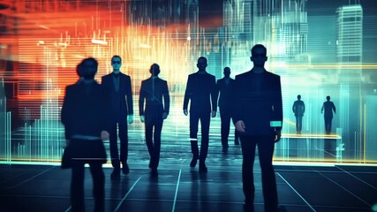 Fototapete - Businessmen walking through a digital city, surrounded by abstract light effects, create a vibrant atmosphere that embodies a futuristic and technologically advanced world
