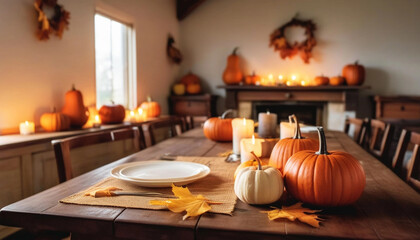 Wall Mural - Empty farmhouse dining table, decorated with a runner of autumn leaves, a few scattered pumpkins, and a soft glow from candles, waiting for the meal to begin.