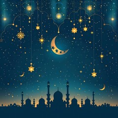 Poster - Celestial Nightscape: Ramadan's Golden Crescent Moon and Starry Mosques