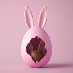 Easter surprise broken pink egg with chocolate bunny ears festive setting whimsical concept