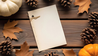 Canvas Print - Extreme close up of a blank recipe card placed on a weathered wooden table, surrounded by scattered mini pumpkins, dried autumn leaves, and a few pinecones.