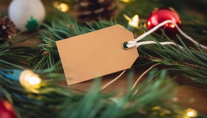 Sticker - Extreme close up of an empty gift tag on a wooden table, surrounded by pine branches, twinkling fairy lights, and a few small Christmas ornaments.