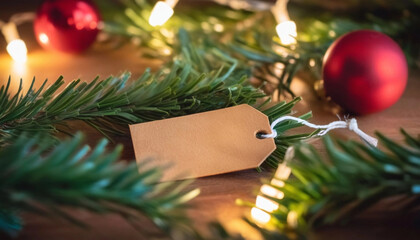 Wall Mural - extreme close up of an empty gift tag on a wooden table, surrounded by pine branches, twinkling fair
