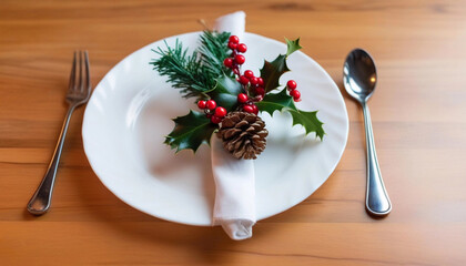 Wall Mural - extreme close up of an empty white plate on a festive table, surrounded by christmas decorations lik