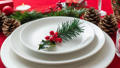 Wall Mural - extreme close up of an empty white plate on a festive table, surrounded by christmas decorations lik
