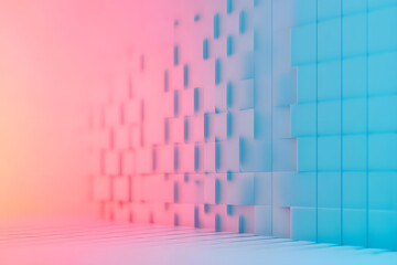 Leinwandbilder - Abstract geometric pattern with 3D squares in pink and blue light, creating a modern and minimalist aesthetic. The arrangement offers a dynamic visual.