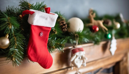 Wall Mural - extreme close up of an empty christmas stocking hanging on a rustic mantelpiece, with a few decorati