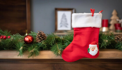 Wall Mural - extreme close up of an empty christmas stocking hanging on a rustic mantelpiece, with a few decorati