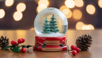 Wall Mural - extreme close up of an empty snow globe on a wooden surface, with a few scattered pine cones, holly 