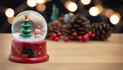 Wall Mural - extreme close up of an empty snow globe on a wooden surface, with a few scattered pine cones, holly 