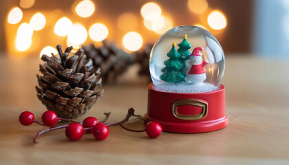 Wall Mural - extreme close up of an empty snow globe on a wooden surface, with a few scattered pine cones, holly 