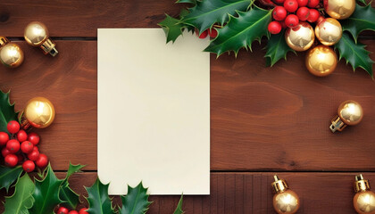 Wall Mural - extreme close up of a blank christmas card on a rustic wooden table, surrounded by red berries, holl