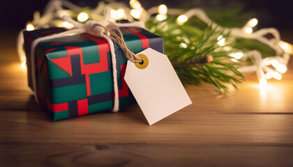 Wall Mural - close up of an empty christmas gift tag next to a wrapped gift, with a pine sprig and a glowing stri