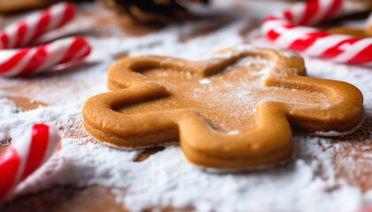 Wall Mural - Extreme close up of an empty gingerbread cookie on a festive table, with powdered sugar and candy canes scattered around it.