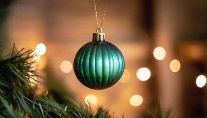 Wall Mural - close up of an empty christmas tree ornament hanging from a string, surrounded by pine branches and 