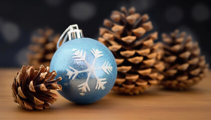 Wall Mural - extreme close up of a christmas bauble resting on a wooden table, surrounded by pine cones and a tou