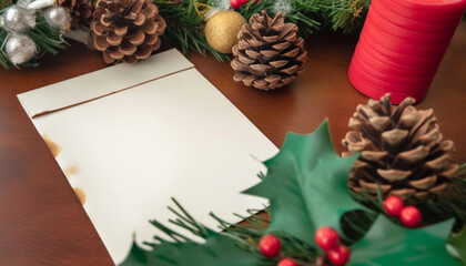Wall Mural - extreme close up of a blank holiday letter on a table, with festive decorations like pine cones and 