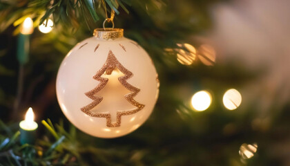 Wall Mural - close up of an empty christmas tree ornament hanging from a string, surrounded by pine branches and 