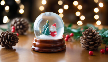 Wall Mural - extreme close up of an empty snow globe resting on a wooden table, with a few pine cones, sprigs of 