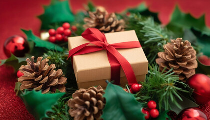 Wall Mural - close up of a wrapped gift box with a shiny red ribbon, surrounded by small pine cones, holly berrie