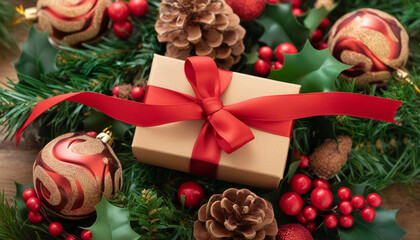 Wall Mural - close up of a wrapped gift box with a shiny red ribbon, surrounded by small pine cones, holly berrie