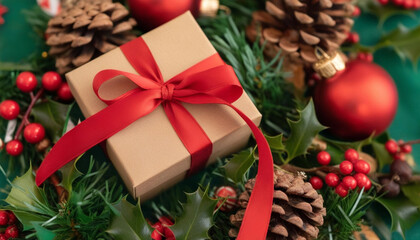 Wall Mural - close up of a wrapped gift box with a shiny red ribbon, surrounded by small pine cones, holly berrie