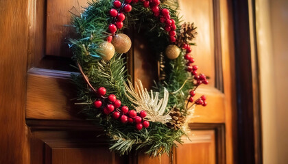 Wall Mural - extreme close up of a christmas wreath on a wooden door, with pine needles, red berries, and sparkli