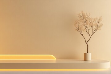Poster - A Nordic-inspired minimalist tree stands elegantly above a smooth gold-plated surface, illuminated with warm ambient lighting that enhances its modern yet timeless aesthetic