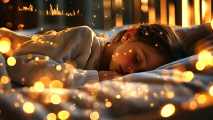 Nestled in the corner of a sofa, a child sleeps deeply, the firelight casting moving shadows as their dreams overflow with mystical castles and starry skies.