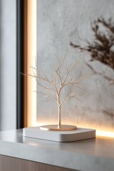 Poster - A Nordic-inspired minimalist tree stands gracefully above a smooth gold-plated surface, illuminated by soft, warm ambient lighting, creating a modern yet timeless atmosphere