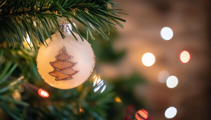 Wall Mural - extreme close up of a christmas tree ornament hanging delicately on a pine tree branch, with twinkli