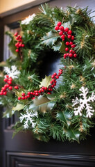 Sticker - Extreme close up of a Christmas wreath on a front door, made of pine branches, holly leaves, and red berries, with soft snowflakes falling gently around it.