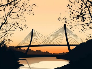 Poster - Sunset bridge silhouette serene river landscape