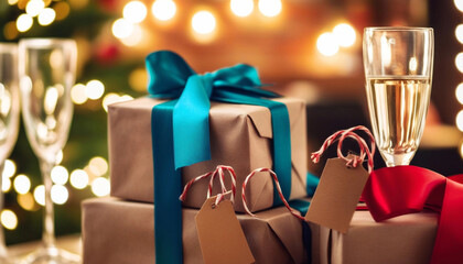 Wall Mural - Extreme close up of a stack of beautifully wrapped gifts, with colorful ribbons and New Year's tags, surrounded by champagne glasses and a festive atmosphere.