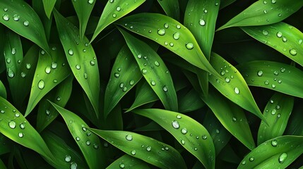 Wall Mural - Lush green leaves with water droplets glistening in sunlight