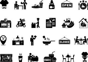 Black Restaurant Icon Set. Vector Illustrations Food, Chef, Service, Fast Food, Food Preparation, Kitchen, Waiter, Menu, Food Delivery, Cook, Cafeteria, Table and Others