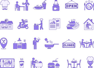 Colored Restaurant Icon Set. Vector Illustrations Food, Chef, Service, Fast Food, Food Preparation, Kitchen, Waiter, Menu, Food Delivery, Cook, Cafeteria, Table and Others