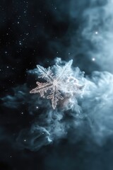 Canvas Print - A luminous snowflake hovers in a deep-space nebula, surrounded by soft-focus mist and subtle swirling galaxies, creating an ethereal winter fantasy feel in stunning detail