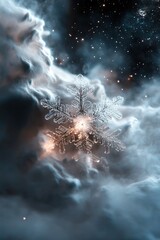 Poster - A radiant snowflake hovers in the depths of a cosmic nebula, surrounded by soft-focus mist and subtle, swirling galaxies, creating a mesmerizing winter fantasy atmosphere