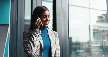Aufkleber - Happy, business woman and window with phone call for corporate discussion, conversation or chat at office. Female person, financial advisor or investor with smile or reflection on mobile smartphone