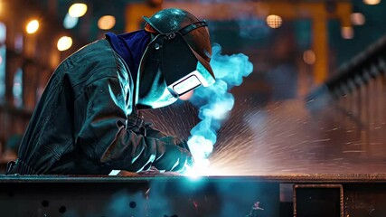 Poster - Skilled welder performs precision work in a vibrant industrial setting with stunning 4k animation
