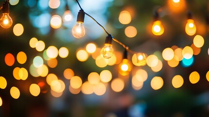 Poster - Warm Golden String Lights Festive Bokeh Background Romantic Evening Outdoor Party Decoration Illumination Bright Yellow Amber Bulbs Nighttime Magical 