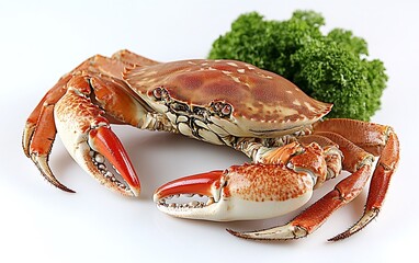 Wall Mural - Cooked crab, parsley garnish, white background, seafood recipe