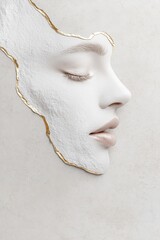 Poster - a minimalist abstract portrait features a woman's face with metallic foil accents in gold and silver